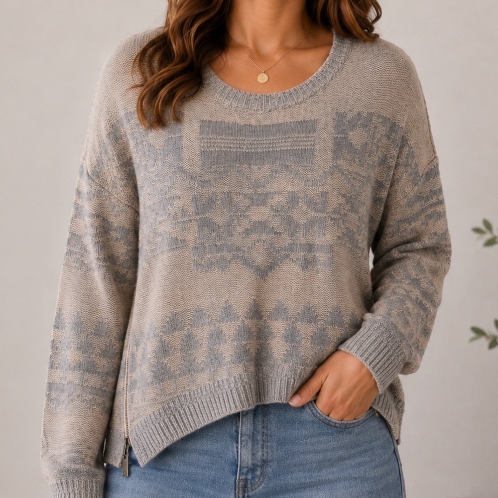 Colorblock Medium Southwestern Sweater Wool Angora Geometric Boho Side Zip